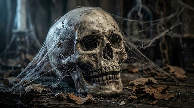 Human skull in a dark haunted room. Spooky skeleton head covered in cobwebs for Halloween.