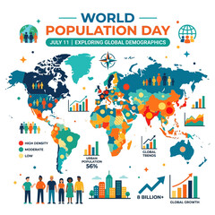 Obraz premium World population day graphic presents a colorful global map with demographic charts and urban growth statistics.