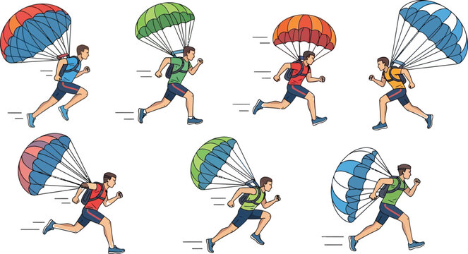 Collection of diverse athletes running with parachutes representing speed adventure and extreme sports perfect for graphic design and conceptual use