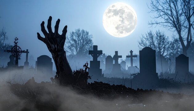 Moonlit Graveyard Scene with Tombstones and Birds
