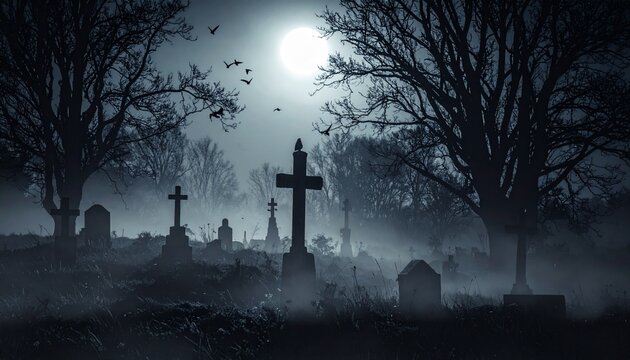 Moonlit Graveyard Scene with Tombstones and Birds