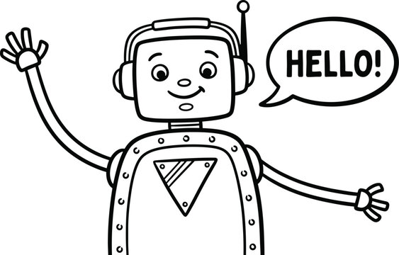 Cute robot coloring page, friendly android waving hello, cartoon robot vector