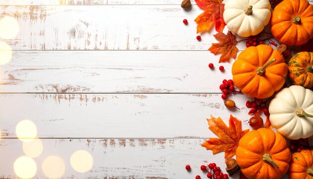 Autumn Pumpkins and Leaves Arrangement on White Surface