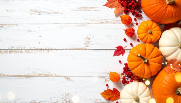 Autumn Pumpkins and Leaves Arrangement on White Surface