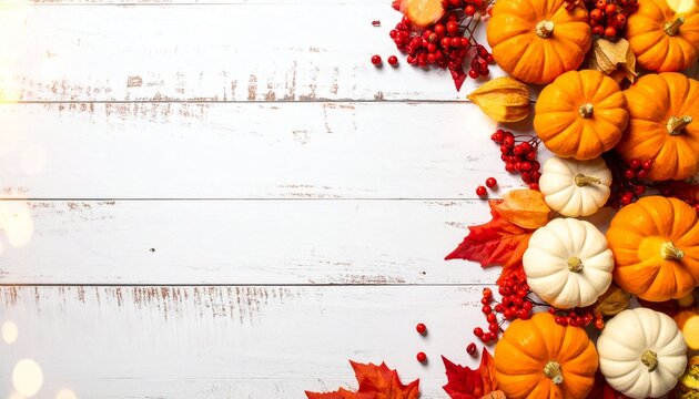 Autumn Pumpkins and Leaves Arrangement on White Surface