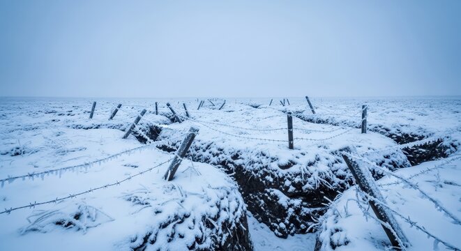 Frozen battlefield landscape with barbed wire and snow-covered trenches under a pale winter sky