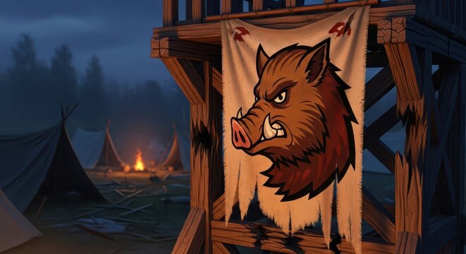 Fantasy medieval encampment at dusk with a fierce wild boar banner on a wooden watchtower