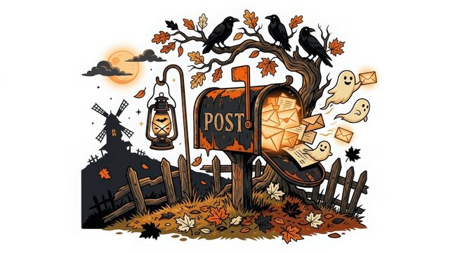 A whimsical illustration featuring a rustic mailbox surrounded by autumn leaves black crows and spooky halloween decorations on white background
