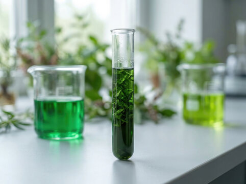 Green herbal extract in laboratory test tubes with fresh mint leaves and scientific equipment