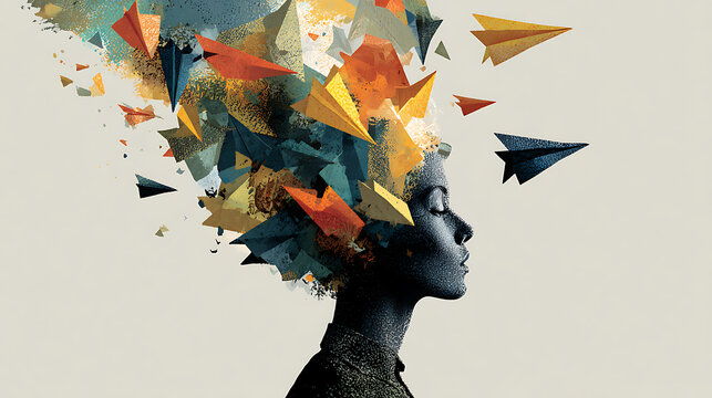 Abstract human profile releasing paper airplanes, symbolizing mental clarity, emotional expression, creative thinking, healing, resilience, freedom, hope and psychological growth