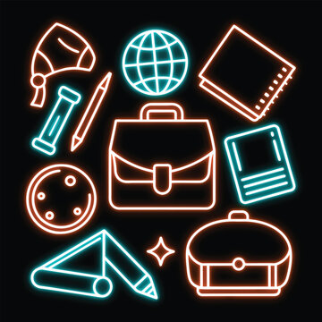 Neon business and office supplies icon set with glowing briefcase and education vector symbols on dark background