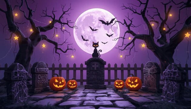 A spooky halloween graveyard scene featuring glowing jack o lanterns a black cat and bats under a full moon