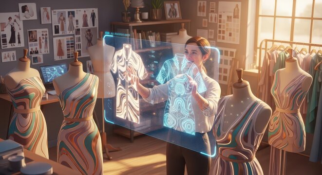 Fashion designer using holographic interface to create clothing design in a modern studio