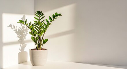 Fototapeta premium Potted Zamioculcas zamiifolia plant on a clean white desk near a sunlit window corner