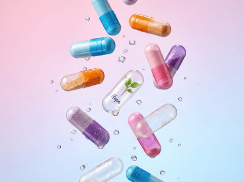 Floating capsules with plant inside and water droplets on pastel pink and blue background