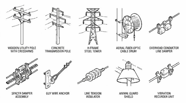 A collection of technical illustrations depicting various electrical utility infrastructure components and hardware.