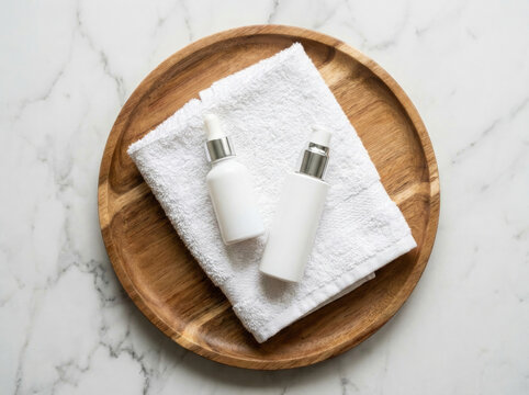 Cosmetic product display with white bottles and towel on wooden serving tray