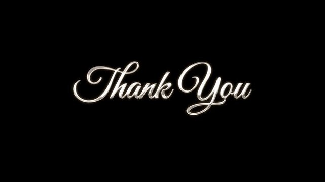Bright metallic script letters gratitude expression shiny silver text black background display.
