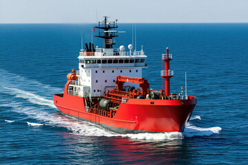 Fototapeta premium Red supply vessel sails across deep blue open sea water. Modern industrial ship moves forward creating white wake waves on ocean surface. Nautical transport craft travels during daytime for maritime