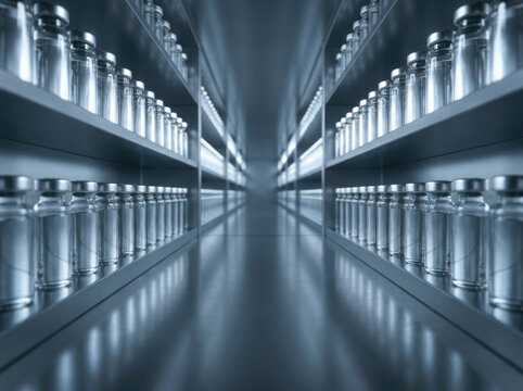 Rows of pharmaceutical vials on shelves in a laboratory setting with a mirrored effect