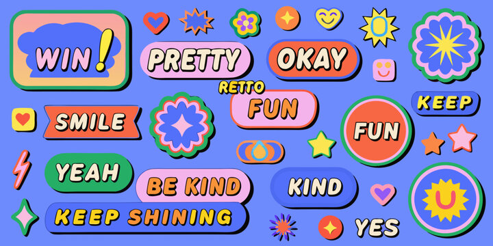 Retro pop art style sticker collection with text and shapes