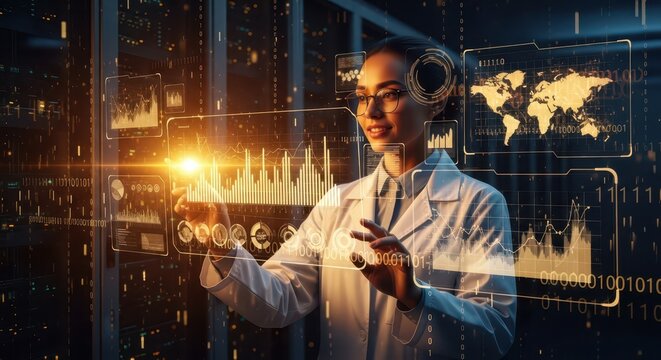 Female scientist analyzing holographic data interface with futuristic charts and world map in data center