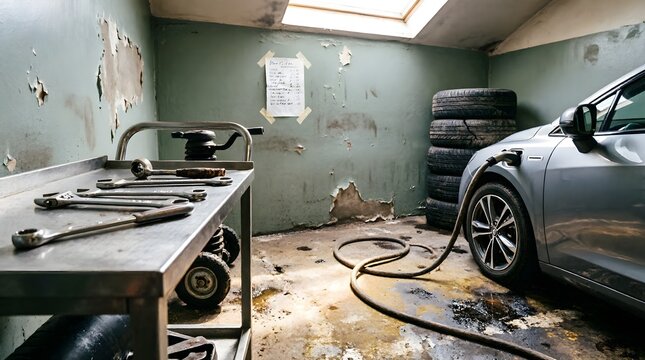Electric car charging inside a worn-down garage with peeling paint, a rusty metal workbench covered in wrenches, stacked old tires, and natural light streaming through a skylight