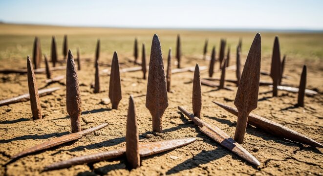 Field of rusted spearheads or arrowheads stuck in dry cracked earth, a historical battle ground or trap.