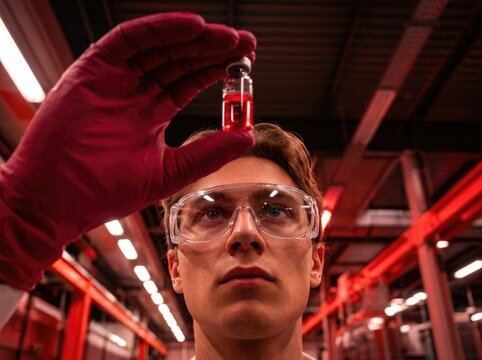Scientist holding vial of red liquid in laboratory with protective eyewear and gloves