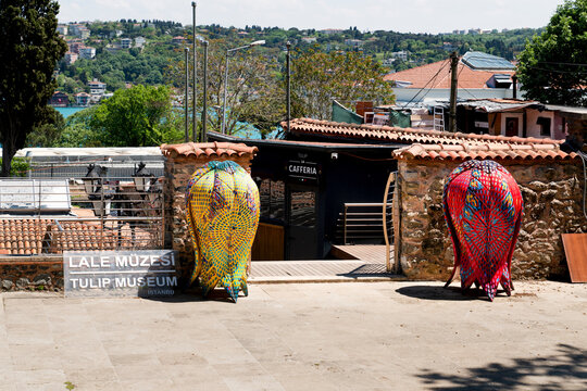 Istanbul, Turkey: May 19, 2026: Entrance of İstanbul Tulip Museum with giant tulip sculptures in Emirgan Park in İstanbul, Turkey