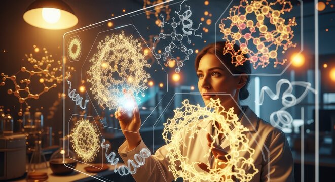 Female scientist interacts with futuristic holographic display showing molecular structures in a laboratory setting