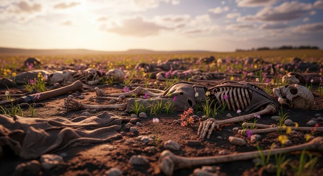 Field of Skeletons at Sunset: A Haunting Landscape of Death and Decay with Scattered Human Remains
