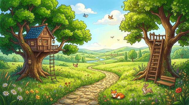 Whimsical landscape featuring two magical treehouses connected by a wooden bridge in a sunny green meadow