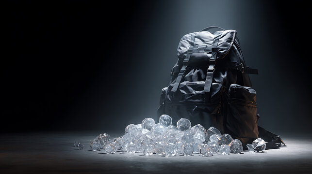 Black backpack surrounded by transparent crystal-like stones, creating a visual metaphor for emotional burden, stress and psychological pressure, mental health struggles, resilience and healing
