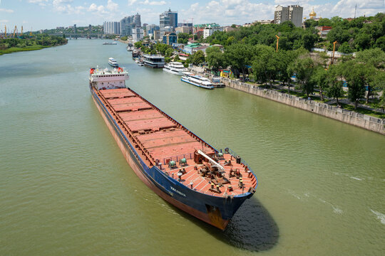 ROSTOV-ON-DON, RUSSIA - JULY 05, 2026: The Khilamaya cargo ship (Volga type, project 19610) on the Don River on a sunny summer day. View from above. Rostov-on-Don