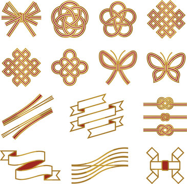raditional Japanese Mizuhiki Cord Knot and Decorative Banner Ribbon Vector Set with Golden Red Bow Butterfly and Geometric Auspicious Motifs