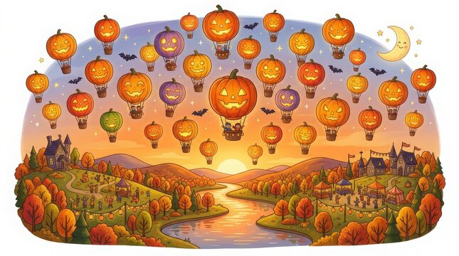 A whimsical illustration of many glowing jack o lantern hot air balloons floating over a scenic autumn river landscape
