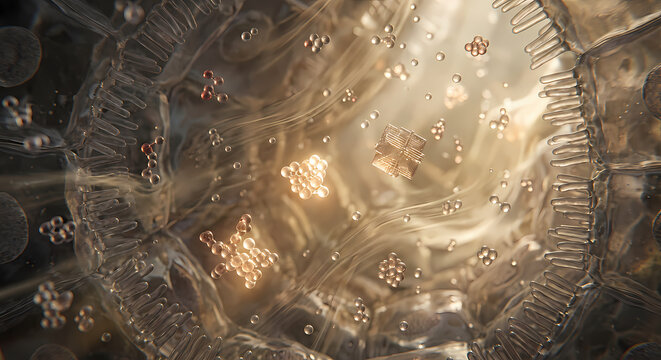 Microscopic 3D view of bio-molecular particles and micro-crystals flowing inside tubular cell lumen