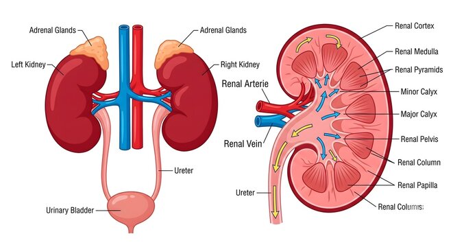 Human kidney anatomy and urinary system diagram with medical labels showing detailed cross section structure
