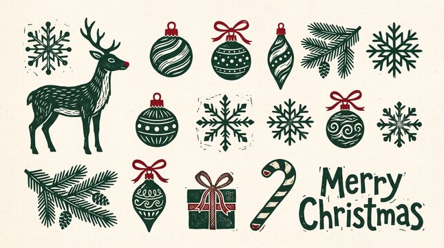 Vintage Weihnachts-Illustrationen Set mit Hirsch und Christbaumkugeln, rustikale Weihnachtsdeko Grafiken im Linolschnitt-Stil, festliche Winter-Elemente f&uuml;r Gru&szlig;karten und Designprojekte