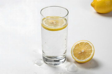 Fototapeta premium Refreshing glass of water with a lemon slice, placed next to a fresh lemon slice and ice cubes on a white background, studio shot