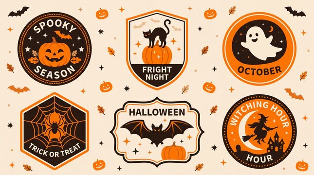 Halloween Sticker Set mit 6 Vintage Abzeichen, gruselige Halloween Etiketten mit K&uuml;rbis und Geist, Retro Illustrationen f&uuml;r Party Dekoration, orange und schwarze Halloween Grafiken