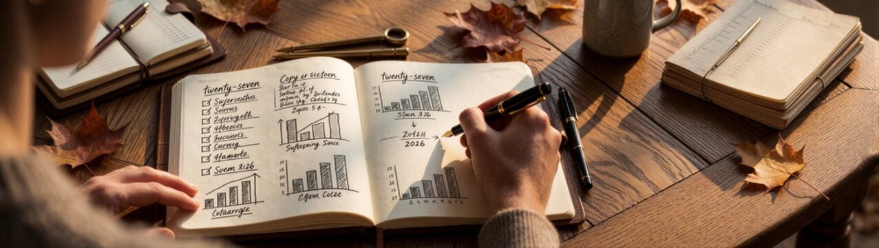 Person sketching business charts in notebook on wooden table