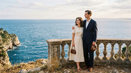 Obraz premium Elegant retro couple standing near stone railing on top of high cliff, enjoying view of blue sea and horizon