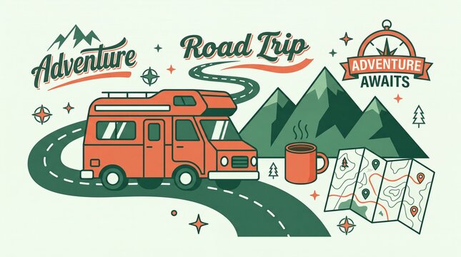 Vintage Road Trip Illustration mit Wohnmobil und Bergen, Retro Camping Abenteuer Grafik im Flat Design, Reise Set mit Landkarte und Kaffee f&uuml;r Outdoor Marketing