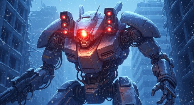 Giant menacing war robot with glowing red eyes patrols a desolate, snow-covered city street amidst falling snow
