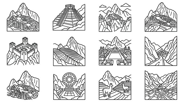 Inca Machu Picchu Icons - Peru Ancient Civilization Landmarks