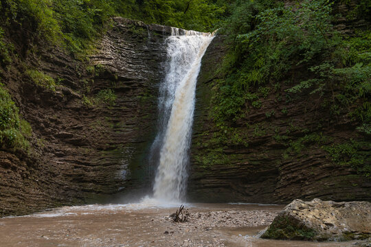 Maiden's Braid waterfall on the Rufabgo stream on a July day. Republic of Adygea, Russian Federation