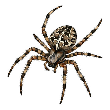Spider with intricate brown patterns sits in a top-down position on a clean white background surface.