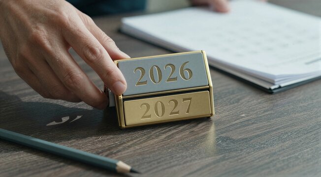 Hand swapping year block 2026 to 2027 on office desk
